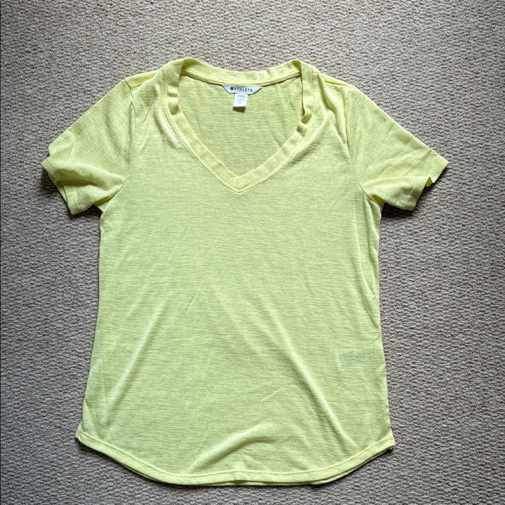 Athleta Soft Yellow V-Neck Linen Blend Women’s T-Shirt Sz M